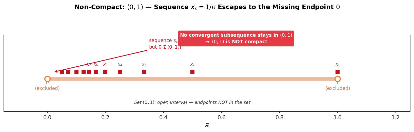 Non-compact open interval (0,1): sequence 1/n escapes to missing endpoint
