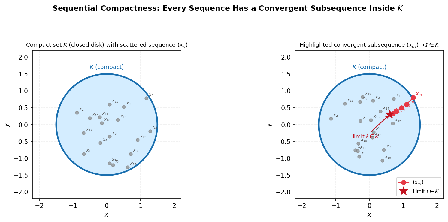 Sequential compactness: every sequence has a convergent subsequence inside K