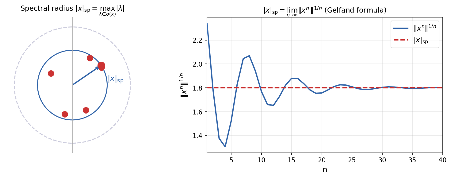 Spectral Radius: |x|_sp = lim ||x^n||^{1/n}