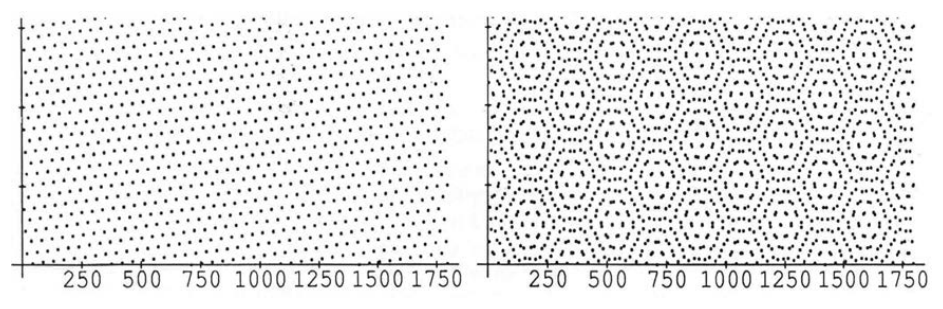 Fractional-part straight lines overlaid to make a Moire hexagon pattern