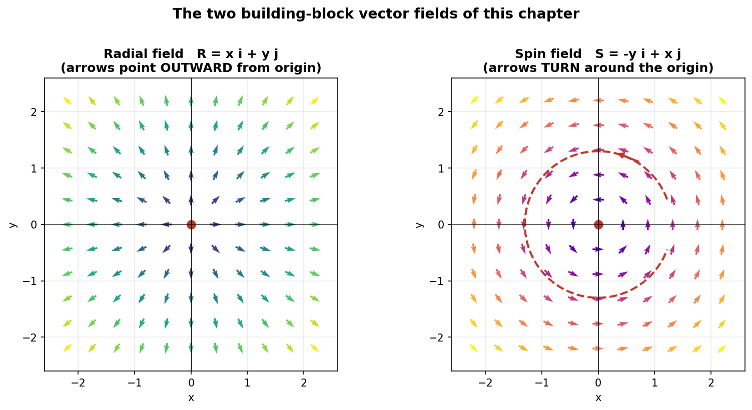 Own figure: radial field R and spin field S side by side as quiver plots