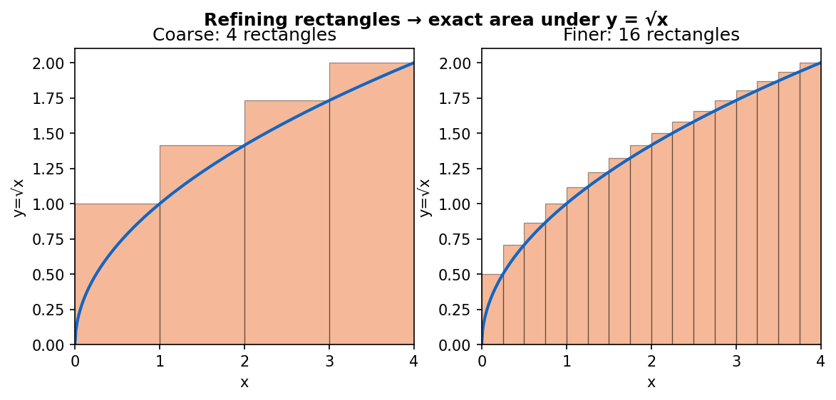 Coarse rectangles refine into the exact area under the square-root curve