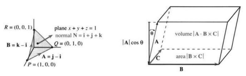 Area of triangle PQR from a cross product; volume of a box from a triple product