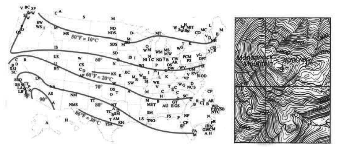 Contour map of temperature over many US and Canadian universities
