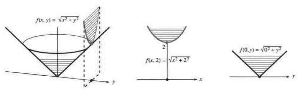 Partial functions of the distance function, one cross-section along x and one along y