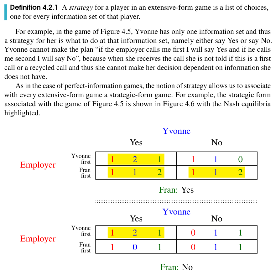 The strategic form of the game of Figure 4.5 with the Nash equilibria highlighted
